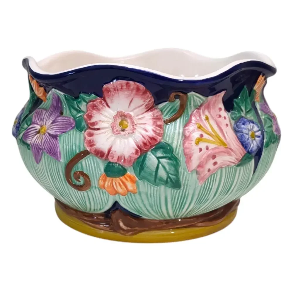 VTG Fitz & Floyd 1994 Hand-Painted Majolica Raised Ceramic FLORAL BOWL~PLANTER